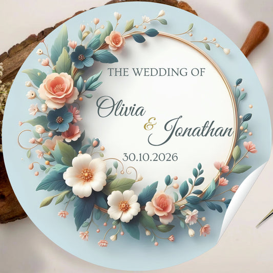 red Floral Wedding Thank You Stickers – Custom Name & Date Labels