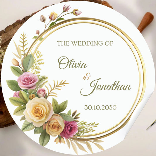 Pink and Cream Floral Wedding Thank You Stickers – Custom Name & Date Labels