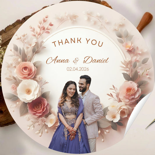 Golden Floral Wedding Thank You Stickers – Custom Name & Date Labels
