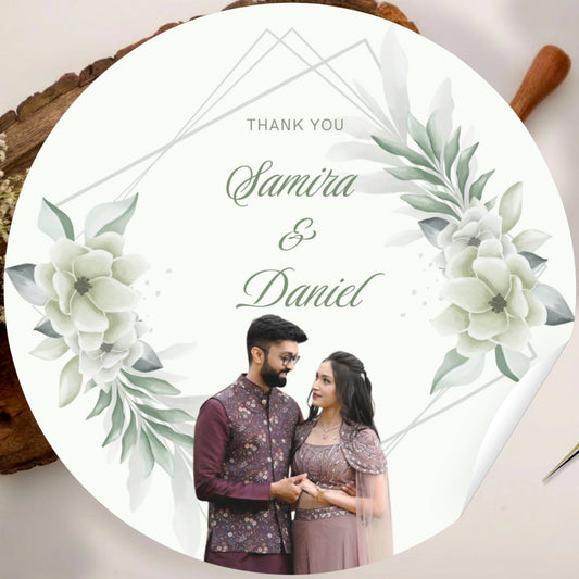 Green Floral Wedding Thank You Stickers – Custom Name & Date Labels