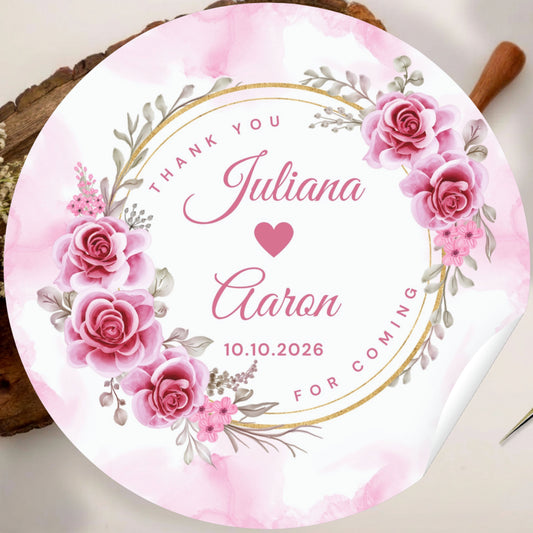 Pink Floral Wedding Thank You Stickers – Custom Name & Date Labels
