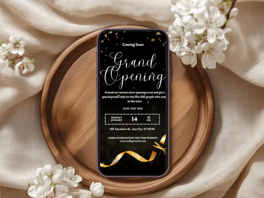 Dark Elegant Grand Opening Card Template | Luxury Black & Gold Business Launch Invitation | Printable & Editable Design