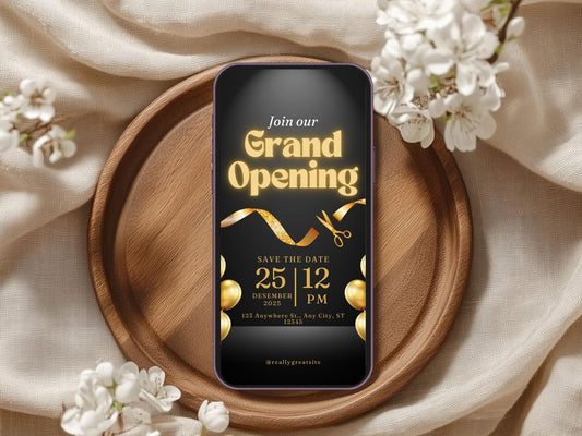 Dark Elegant Grand Opening Card Template | Luxury Black Modern Business Launch Invitation | Printable & Editable Design