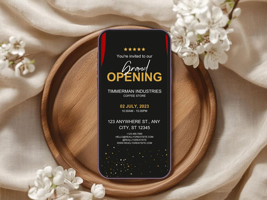 Dark Minimal Grand Opening Card Template | Modern Black Clean Business Launch Invitation | Printable & Editable Design