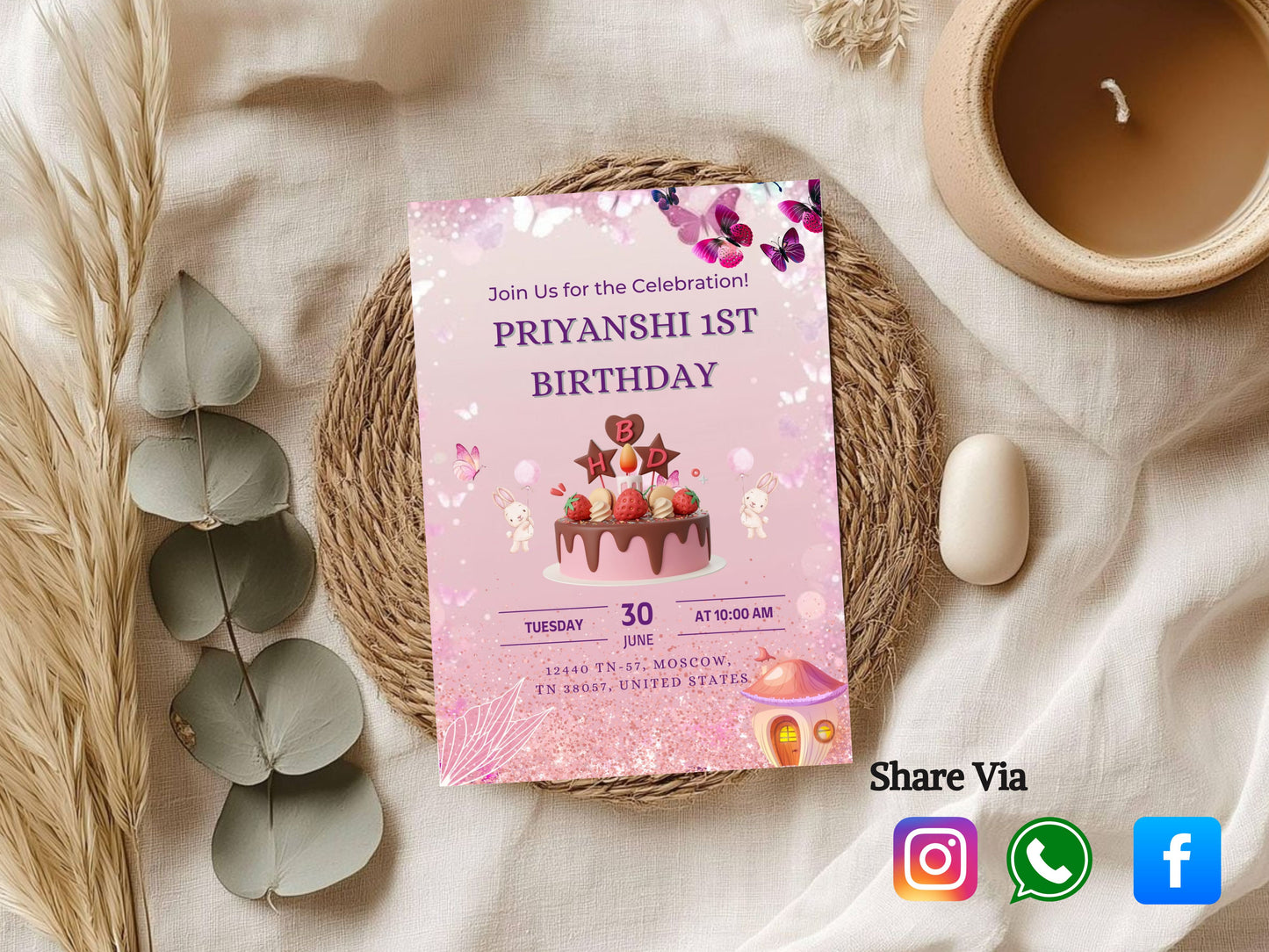 butterflies and flowers Birthday Invitation Card – E-Invite PDF & Premium Printed Card (6×9 Inch, 300 GSM) by DigiArt Invitation