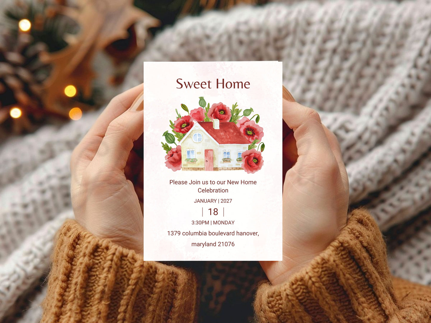 Elegant Red Flower New Home Card – Sophisticated Housewarming Invitation – Instant Download