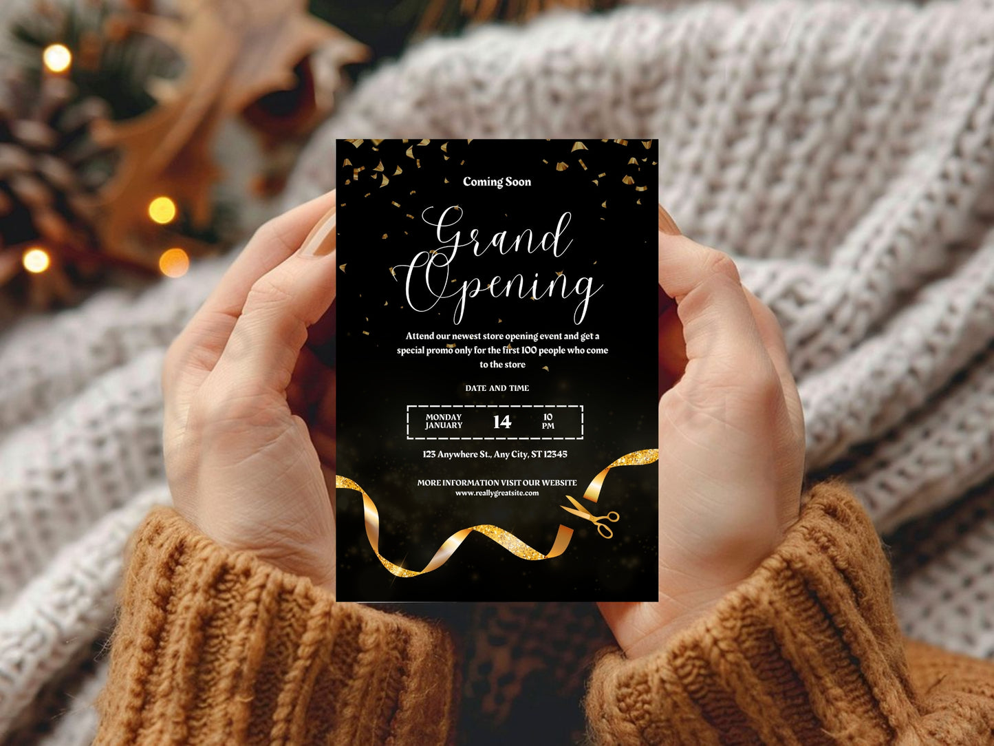 Dark Elegant Grand Opening Card Template | Luxury Black & Gold Business Launch Invitation | Printable & Editable Design