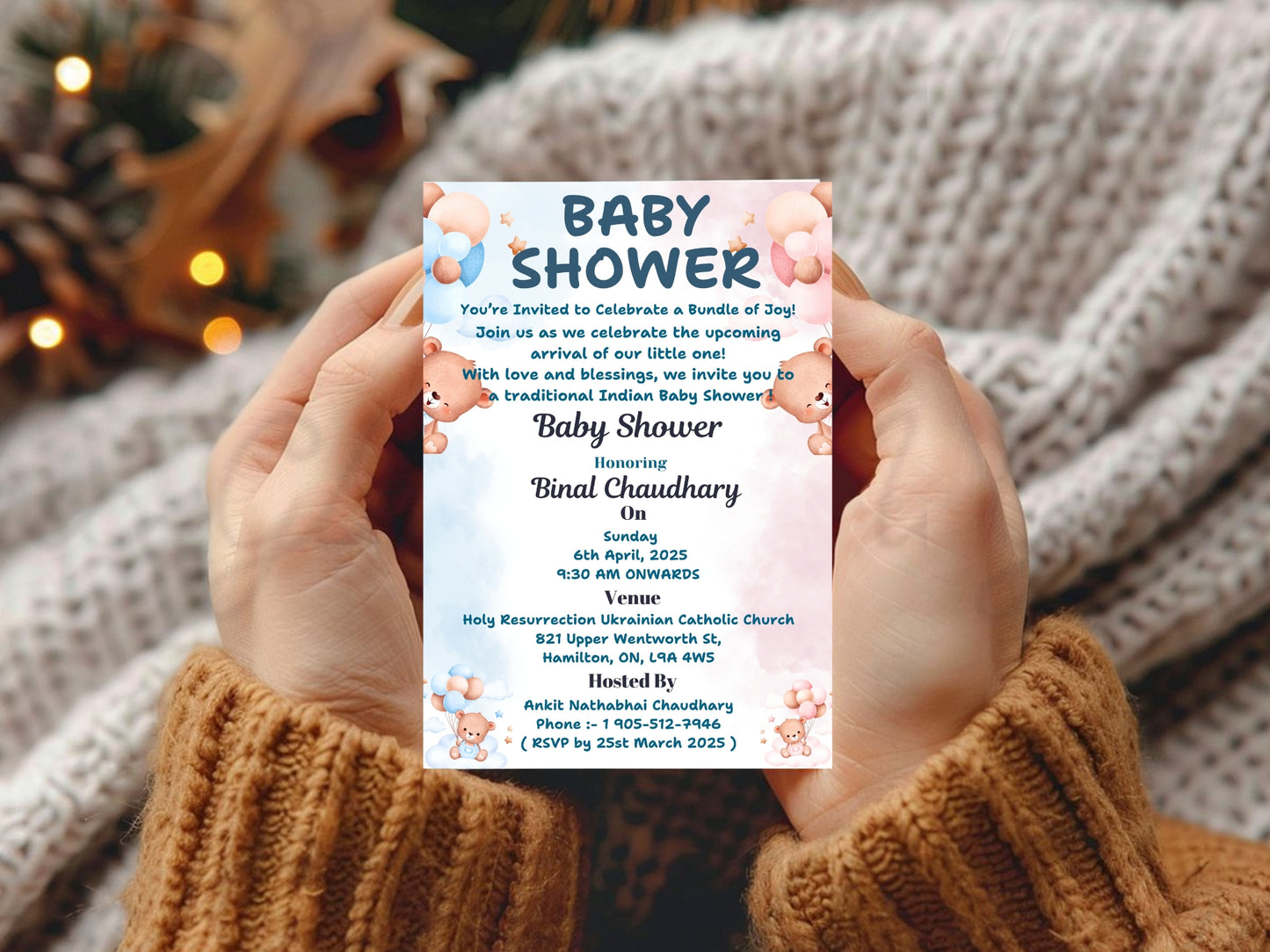 Baby Bear Theme Baby Shower Invitation – Cute Teddy Bear Baby Shower Card – Printable Template