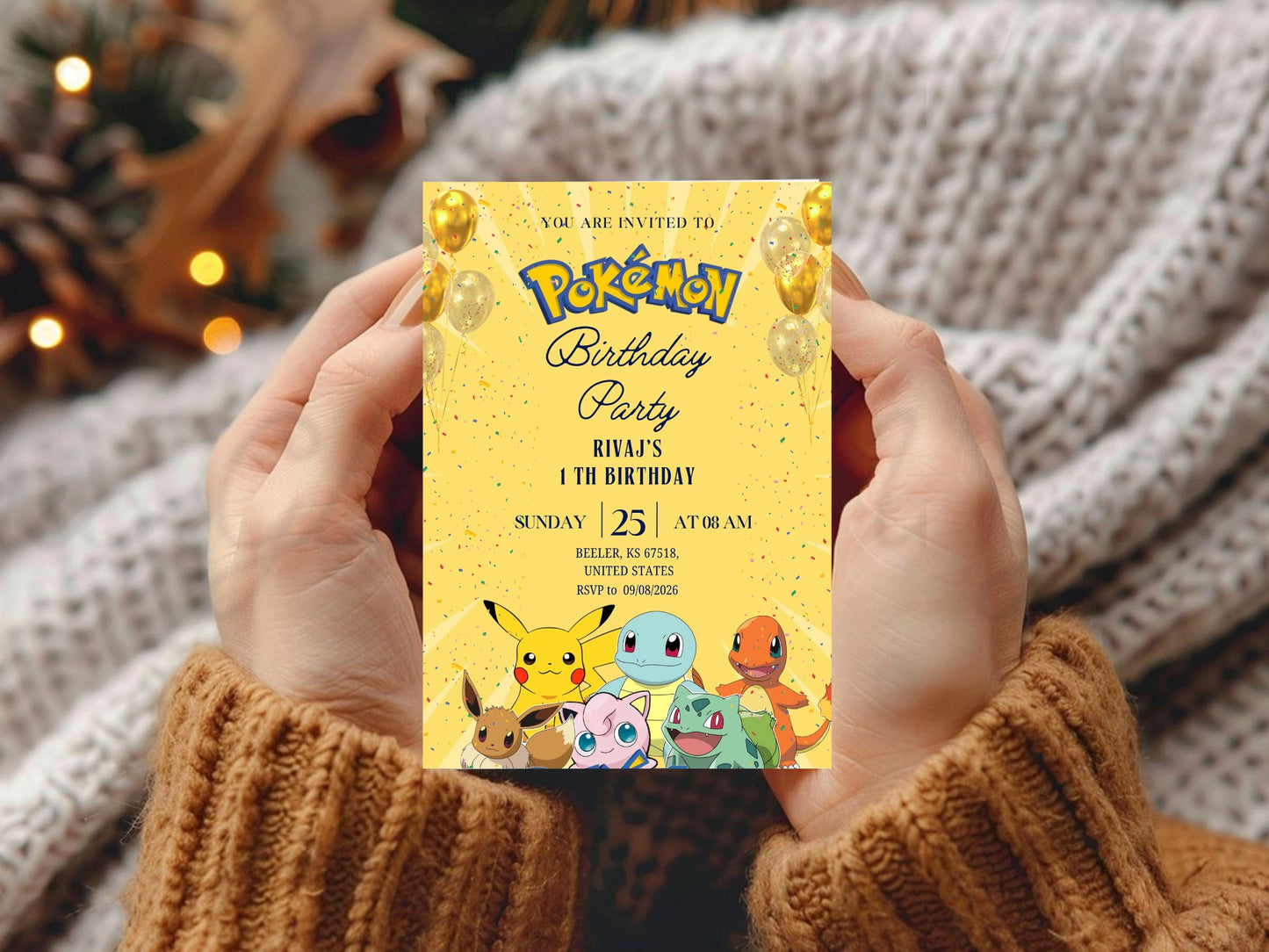 Pokémon Theme Birthday Invitation Card - Kids Cartoon Birthday Party Invite