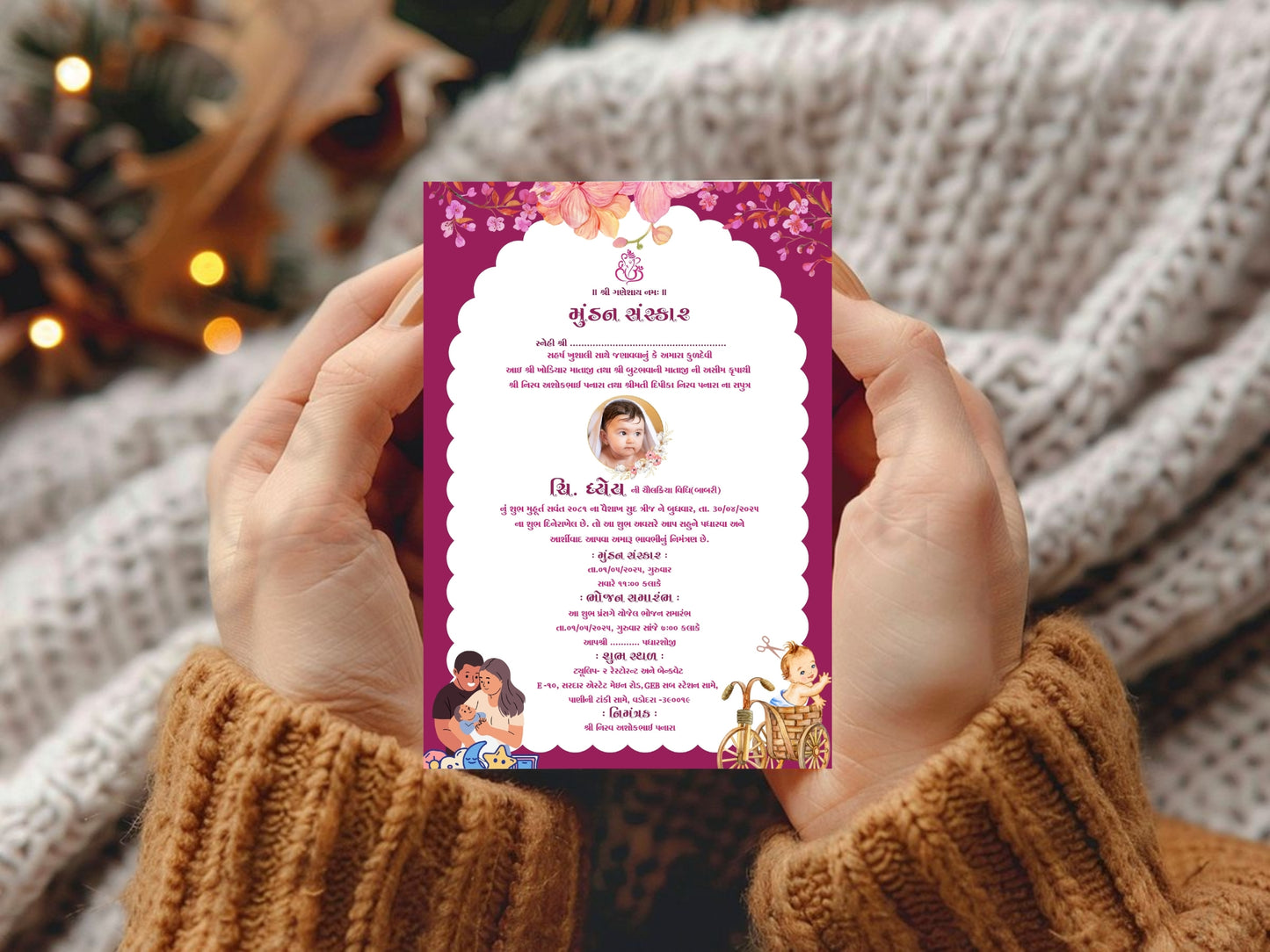 Beautiful Floral Theme Mundan Sanskar Invitation Card – First Haircut Ceremony Invite