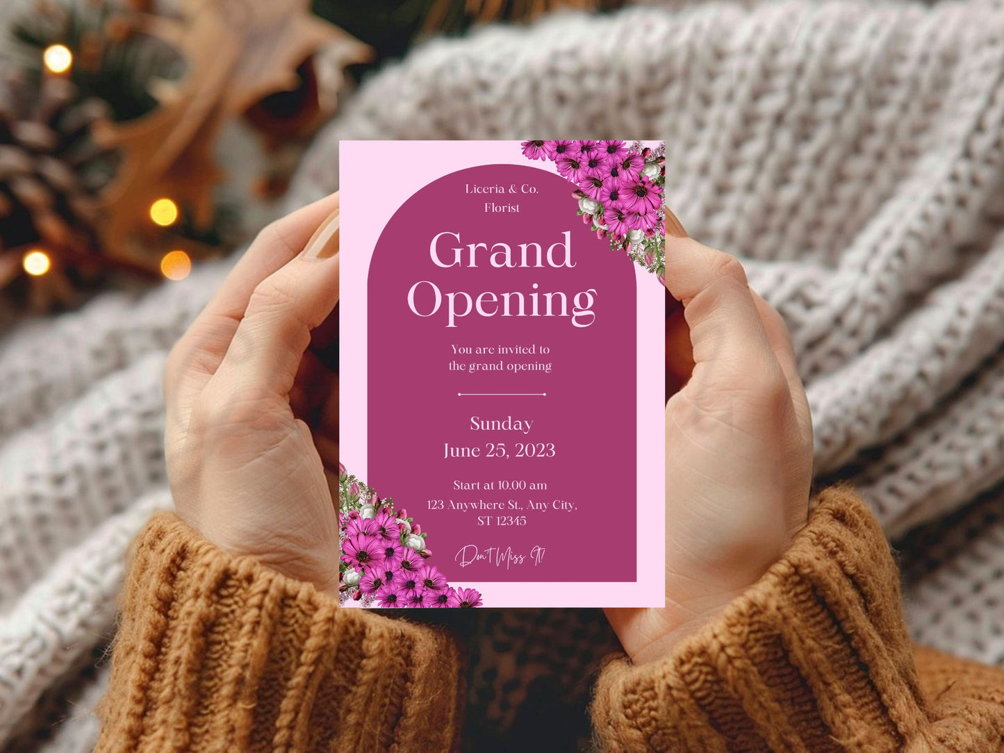 Beautiful Floral Grand Opening Card Template | Elegant Flower Business Launch Invitation | Printable & Editable Design
