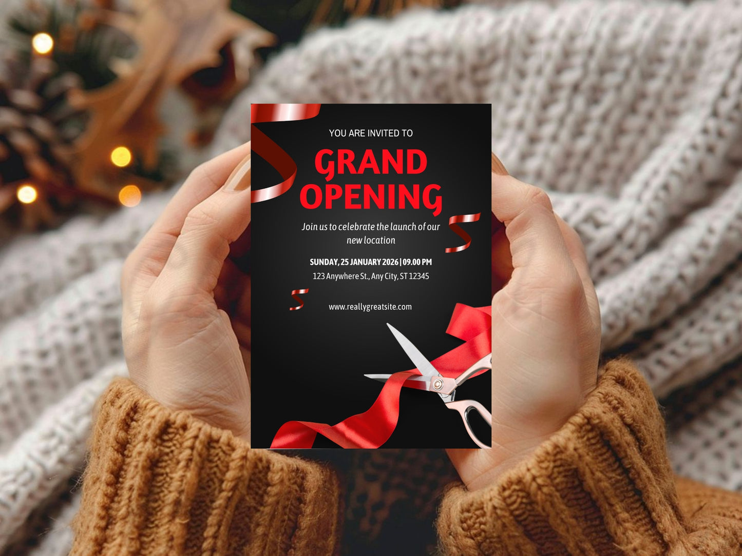 Dark Theme Grand Opening Card Template | Modern Black Elegant Business Launch Invitation | Printable & Editable Design