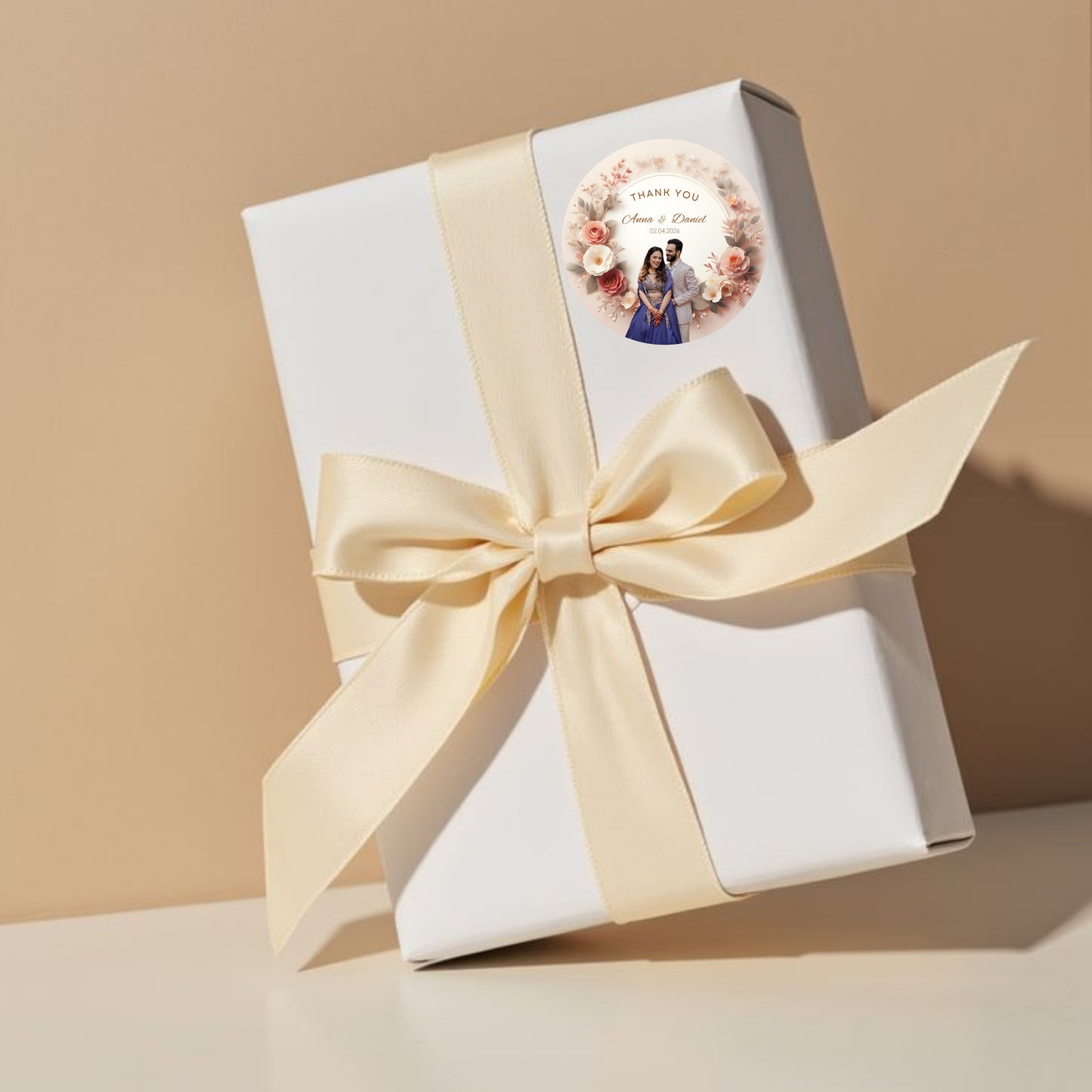 Golden Floral Wedding Thank You Stickers – Custom Name & Date Labels