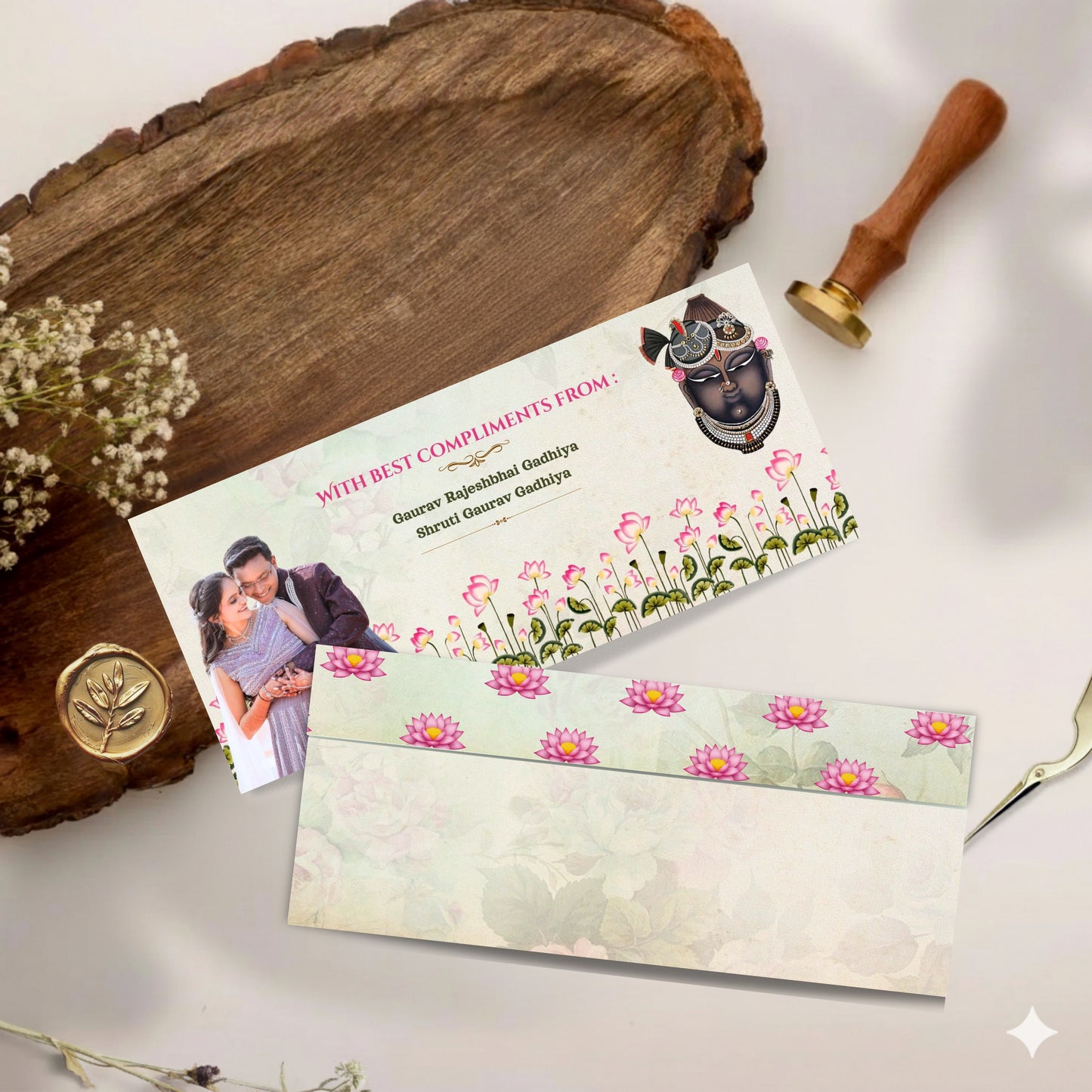 Personalized Sagun Cover with Photo, Shreenathji & Flower Theme