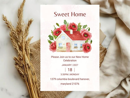 Elegant Red Flower New Home Card – Sophisticated Housewarming Invitation – Instant Download