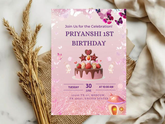 butterflies and flowers Birthday Invitation Card – E-Invite PDF & Premium Printed Card (6×9 Inch, 300 GSM) by DigiArt Invitation