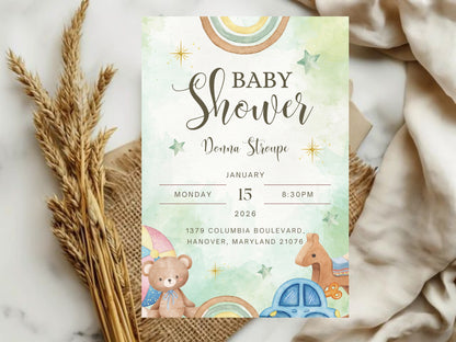 Watercolor Baby Shower Invitation Template | Elegant Editable Watercolor Invite | Instant Download Printable Card