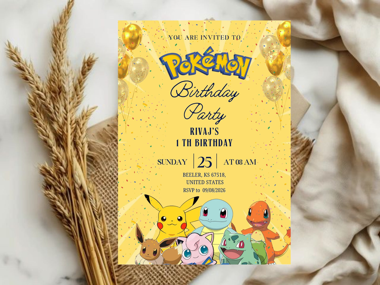 Pokémon Theme Birthday Invitation Card - Kids Cartoon Birthday Party Invite