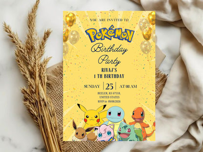 Pokémon Theme Birthday Invitation Card - Kids Cartoon Birthday Party Invite