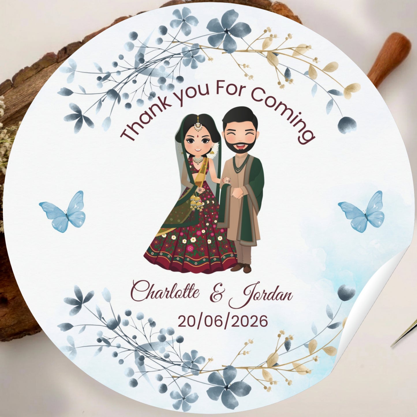Blue Floral Wedding Thank You Stickers – Custom Name & Date Labels