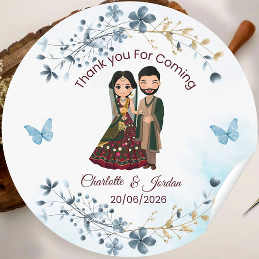 Blue Floral Wedding Thank You Stickers – Custom Name & Date Labels