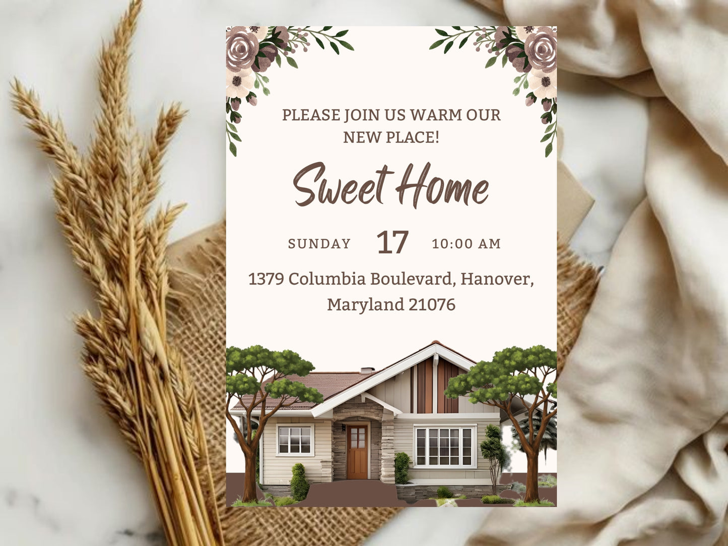 Floral Elegant Housewarming Card – Sophisticated New Home Invitation – Printable Template