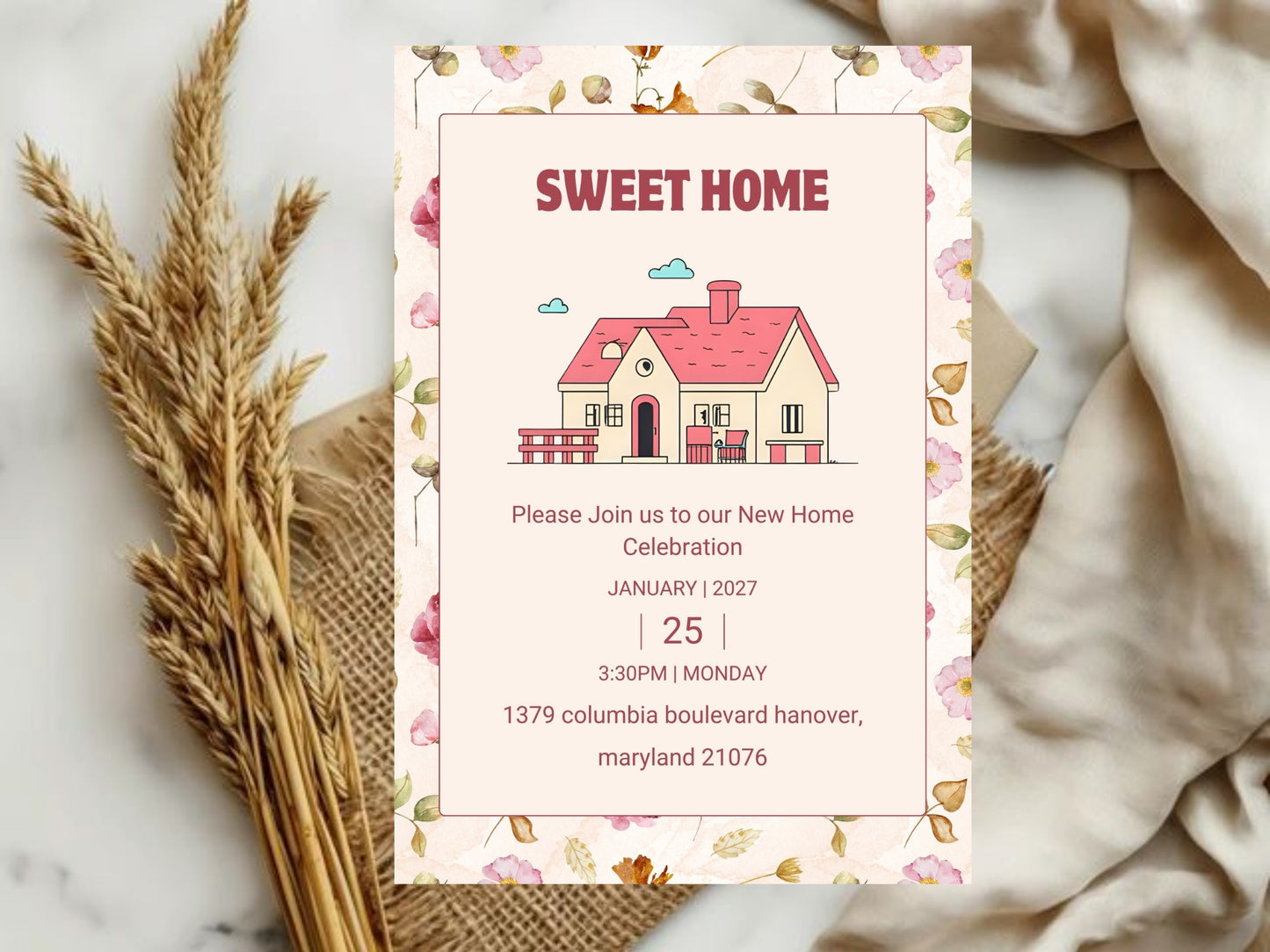Cute Floral Housewarming Card – Sweet New Home Invitation – Printable Template