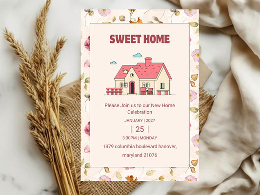 Cute Floral Housewarming Card – Sweet New Home Invitation – Printable Template
