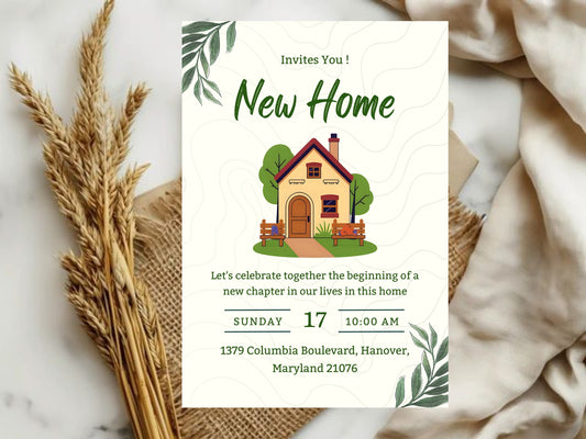 Floral Leaf Housewarming Card – Elegant Greenery New Home Invitation – Printable Template