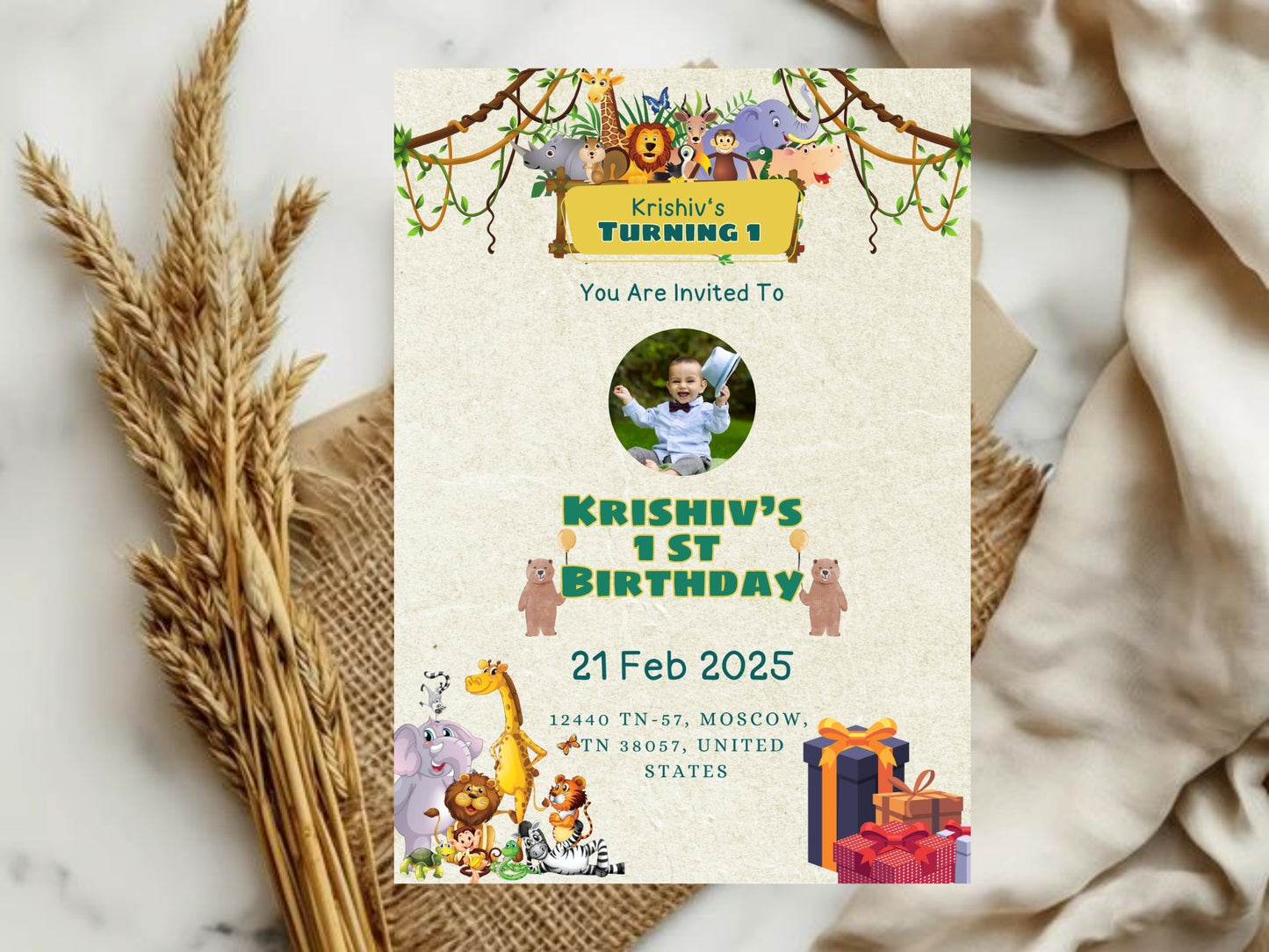 Jungle Theme Birthday Invitation Card - Wild Safari Kids Birthday Party Invite