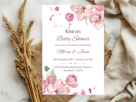 Pink Floral Baby Shower Invitation – Cute Elegant Flower Theme Invite – Printable Template