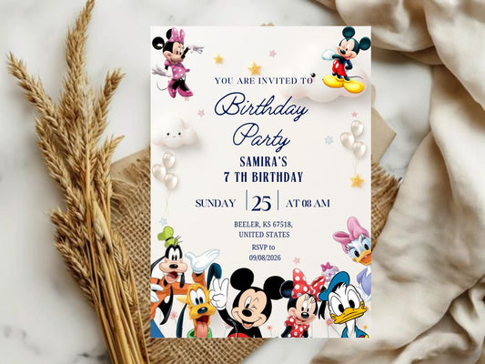Mickey Mouse Birthday Invitation Card - Kids Cartoon Theme Party Invitation
