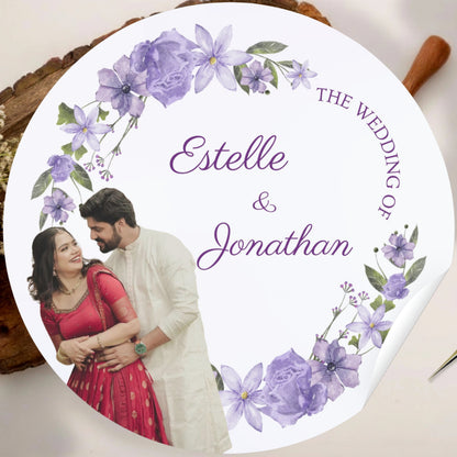 Purple Floral Wedding Thank You Stickers – Custom Name & Date Labels