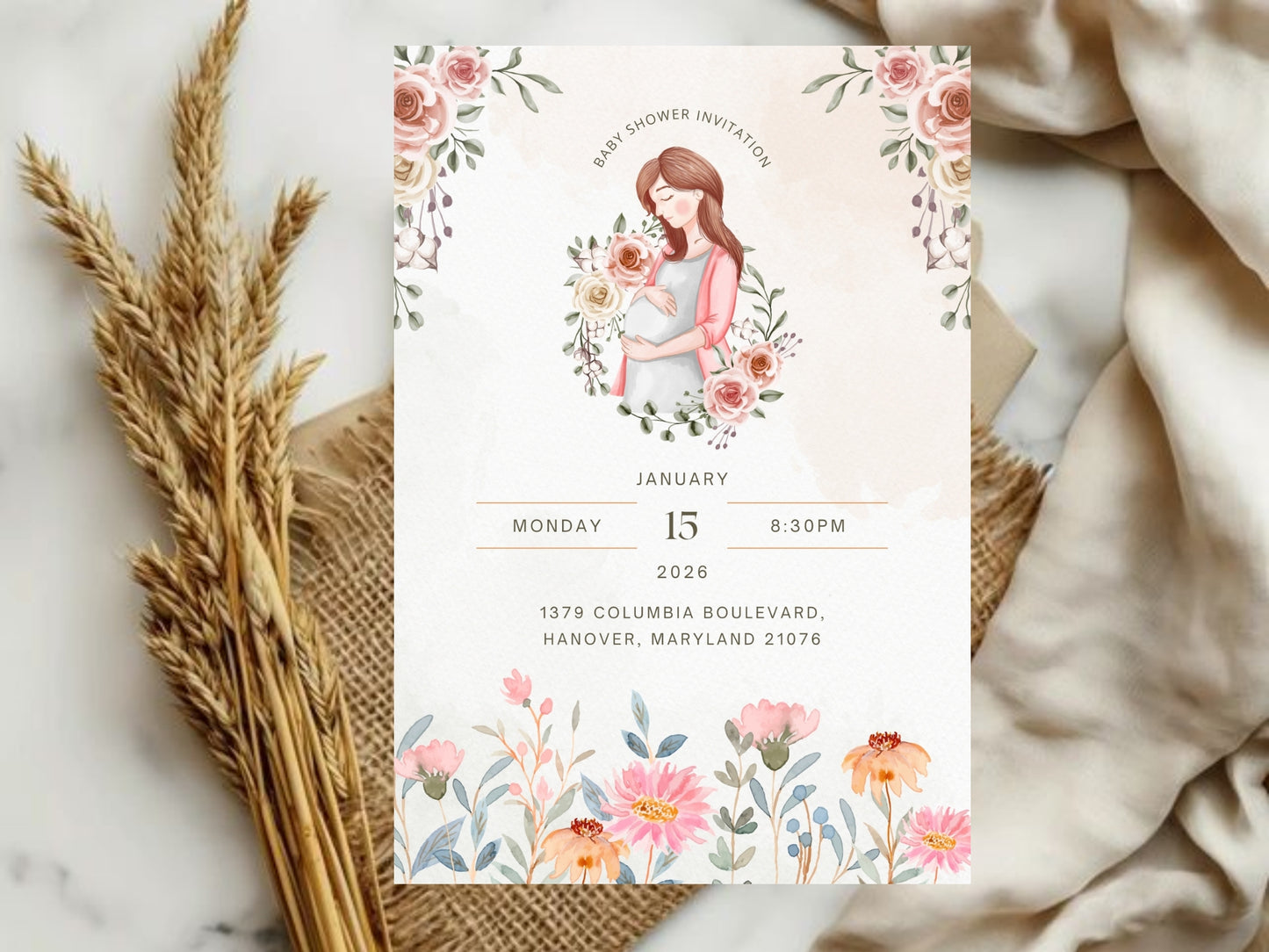 Minimal Floral Baby Shower Invitation Card Template | Editable Elegant Baby Shower Invite | Instant Download Printable