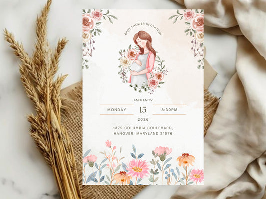 Minimal Floral Baby Shower Invitation Card Template | Editable Elegant Baby Shower Invite | Instant Download Printable