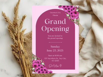 Beautiful Floral Grand Opening Card Template | Elegant Flower Business Launch Invitation | Printable & Editable Design