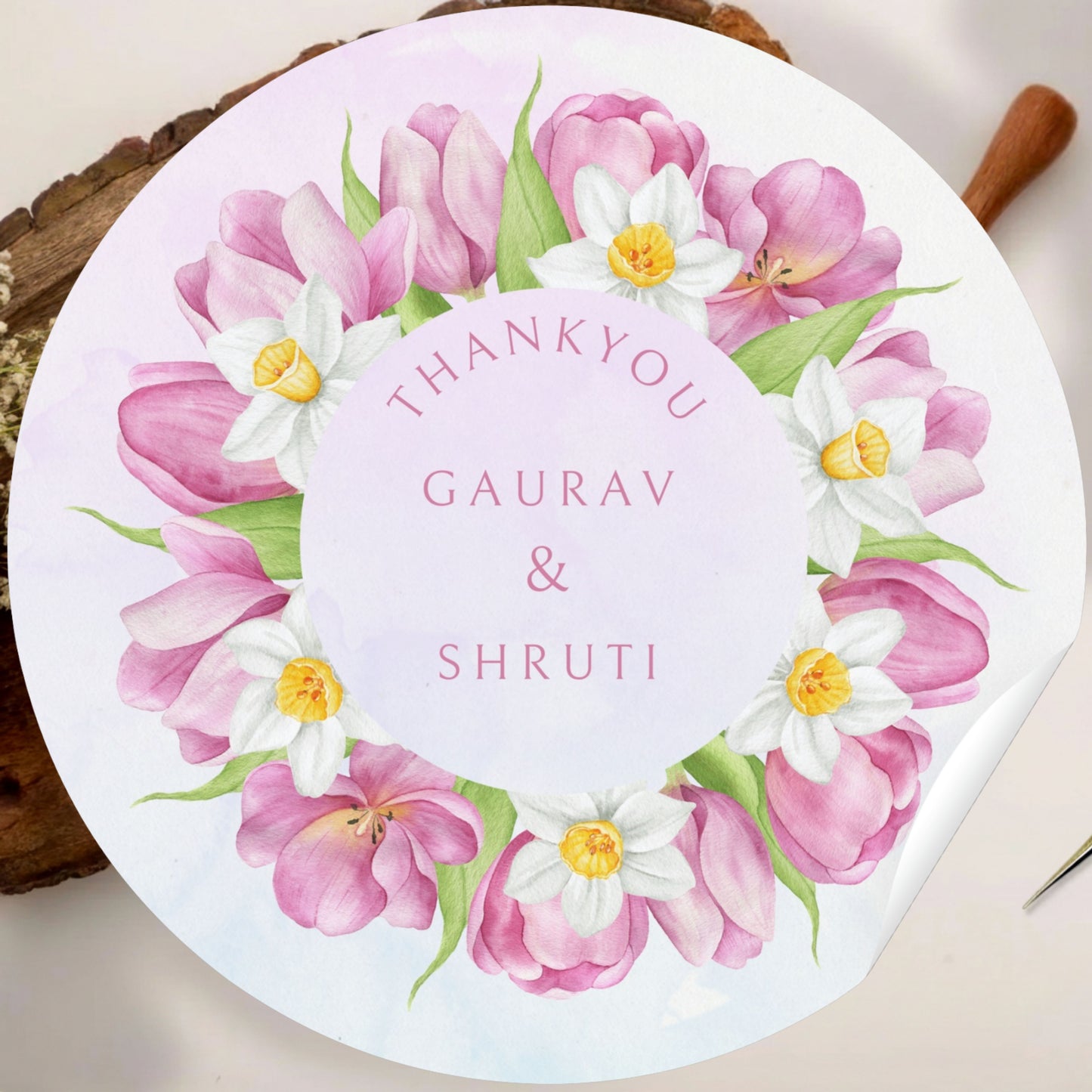 Pink Floral Wedding Thank You Stickers – Custom Name & Date Labels and Couple Pic