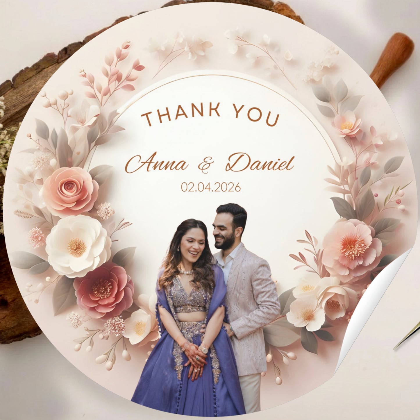 Golden Floral Wedding Thank You Stickers – Custom Name & Date Labels