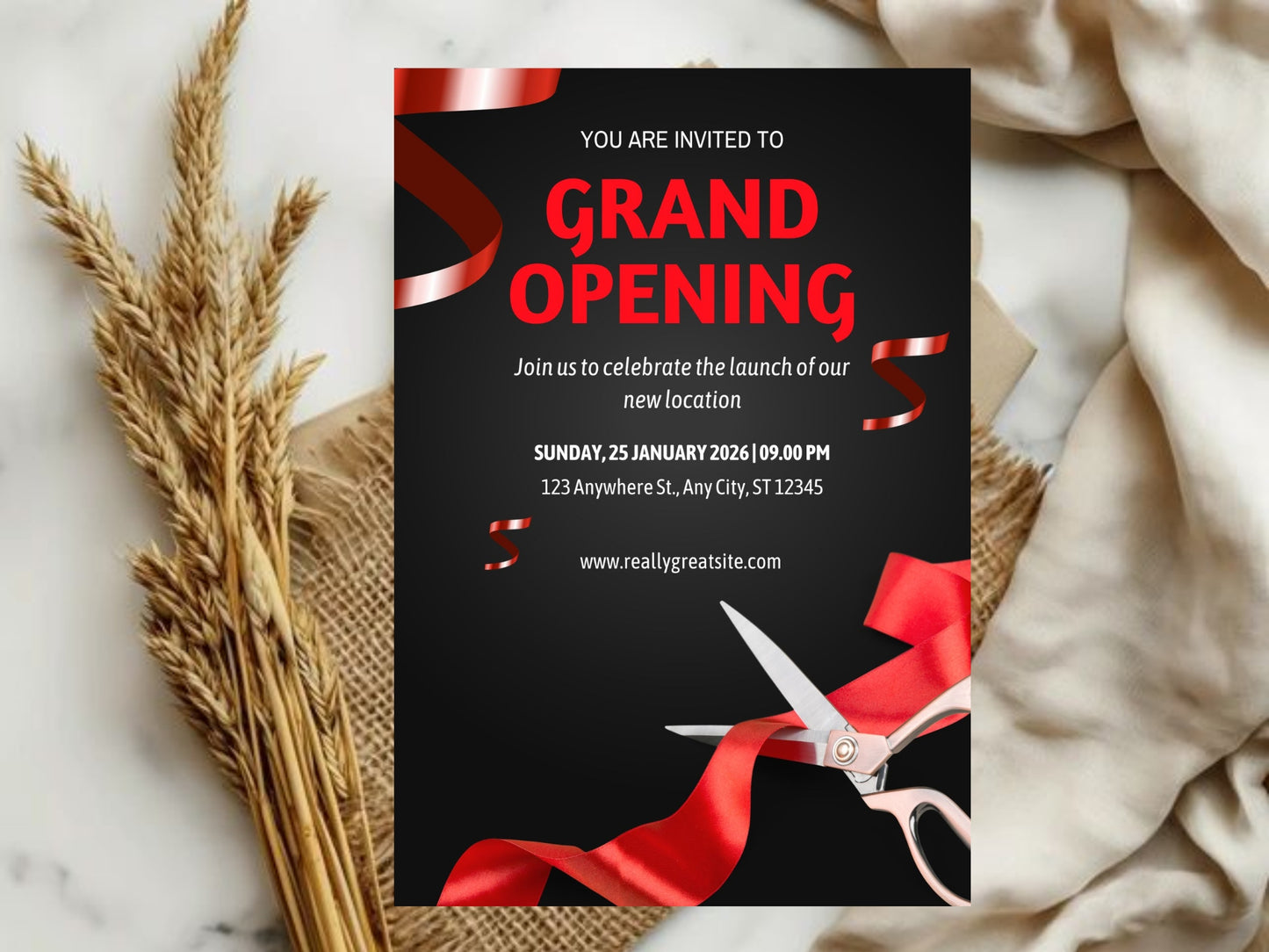 Dark Theme Grand Opening Card Template | Modern Black Elegant Business Launch Invitation | Printable & Editable Design