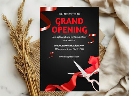 Dark Theme Grand Opening Card Template | Modern Black Elegant Business Launch Invitation | Printable & Editable Design