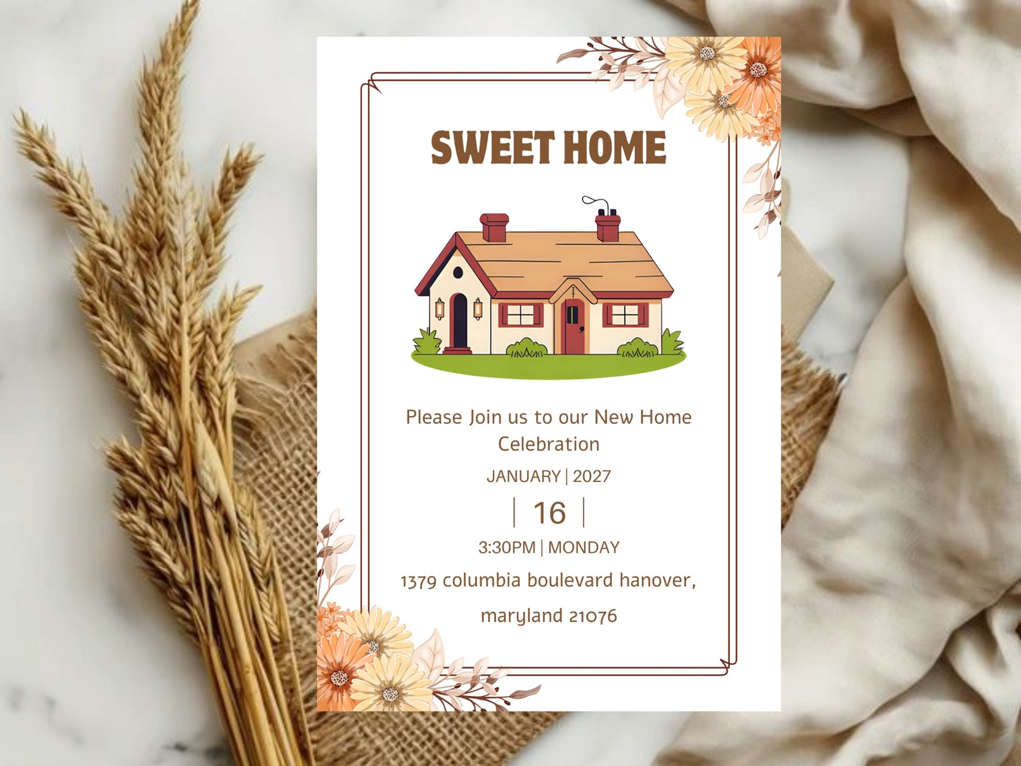 Elegant Floral Housewarming Card – Sophisticated New Home Invitation – Printable Template