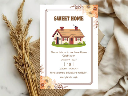 Elegant Floral Housewarming Card – Sophisticated New Home Invitation – Printable Template