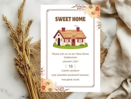 Elegant Floral Housewarming Card – Sophisticated New Home Invitation – Printable Template
