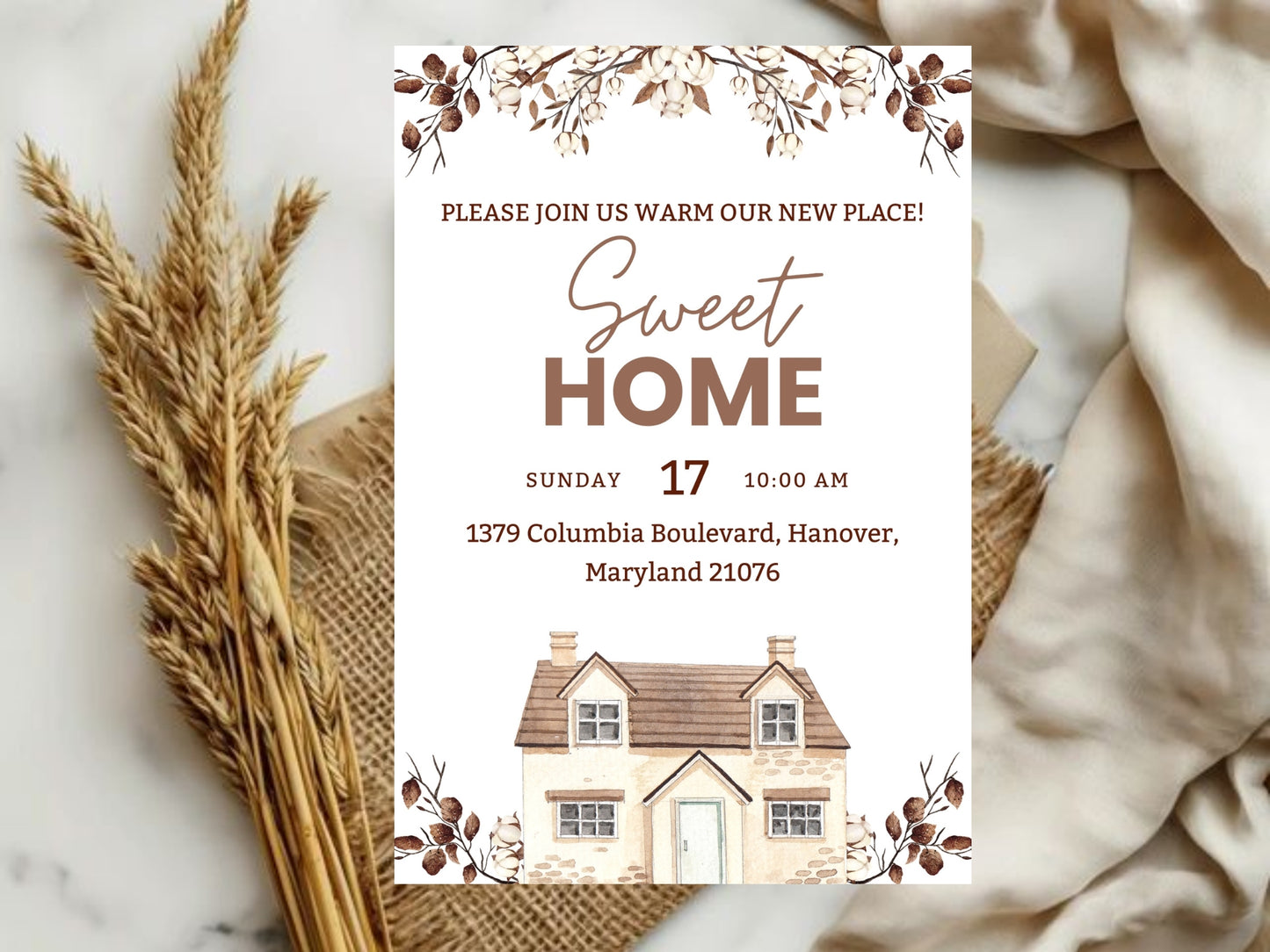 Elegant Floral Housewarming Card – Sophisticated New Home Invitation – Printable Template