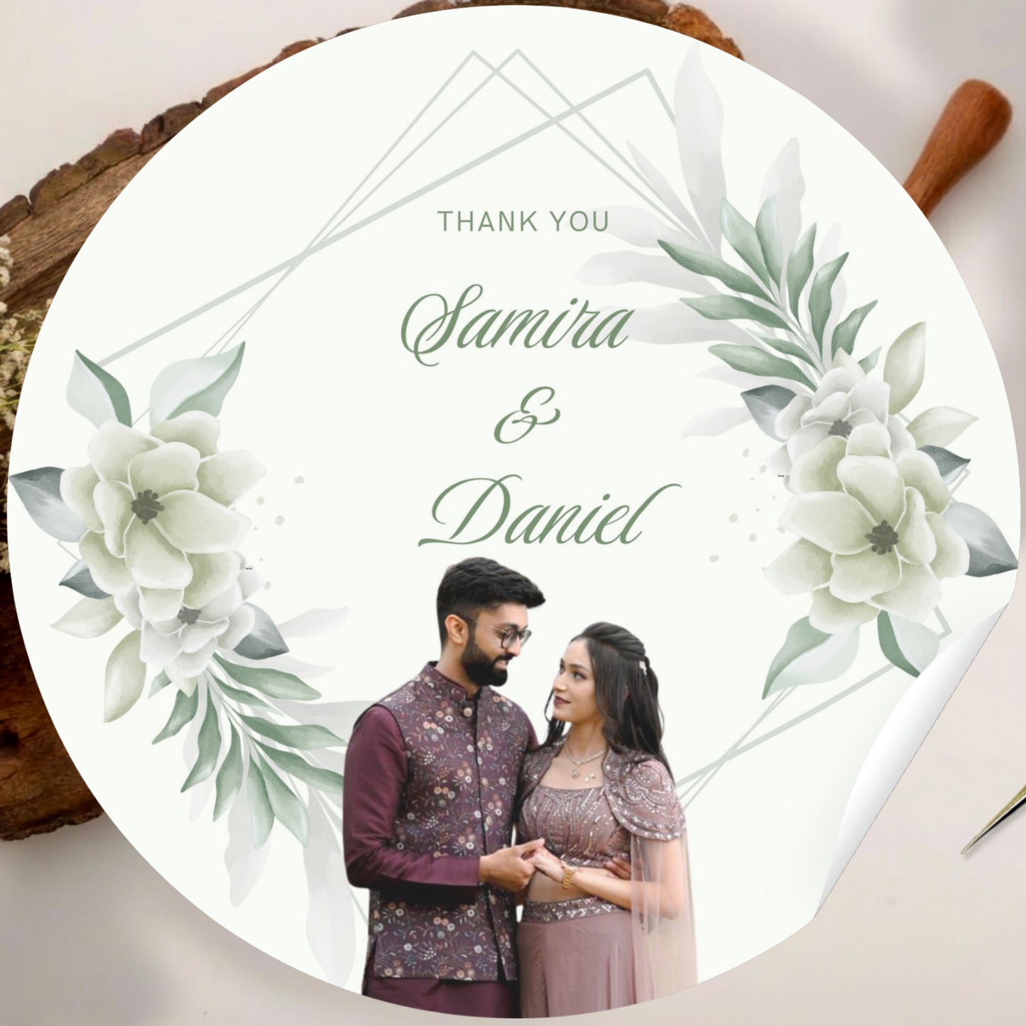 Green Floral Wedding Thank You Stickers – Custom Name & Date Labels