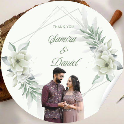 Green Floral Wedding Thank You Stickers – Custom Name & Date Labels