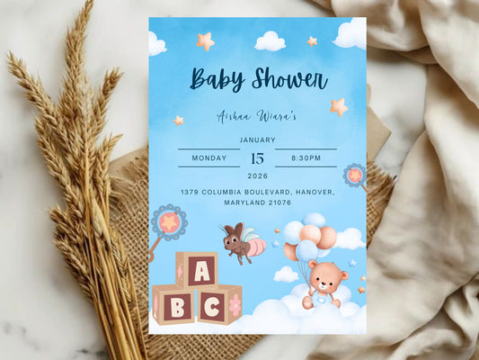 Cold Cloud Baby Shower Card – Minimalist Blue & Gray Baby Greeting Card