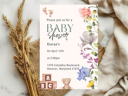 Cute & Minimal Floral Baby Shower Invitation Template | Editable Elegant Baby Shower Invite | Instant Download Printable Card