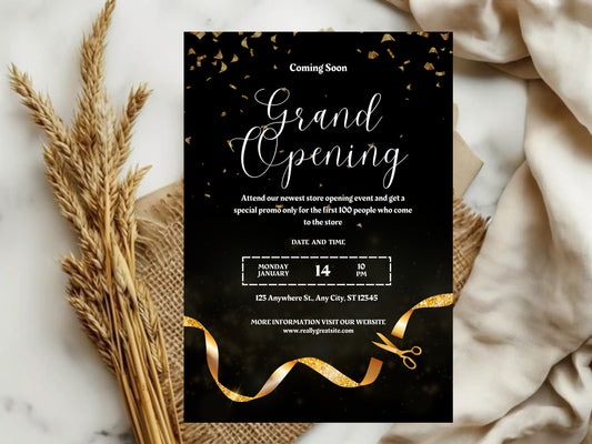 Dark Elegant Grand Opening Card Template | Luxury Black & Gold Business Launch Invitation | Printable & Editable Design