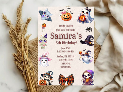Cute Horror Theme Birthday Invitation Card – Editable Printable Spooky Party Invite – Fun Halloween Birthday Invitation